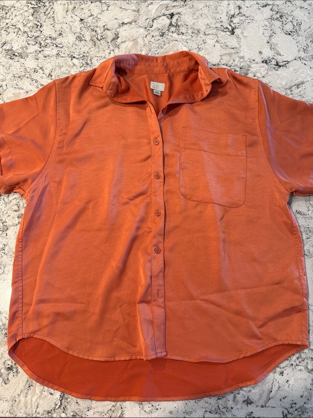 Women’s Satin Orange Short-Sleeve Button-Up Shirt